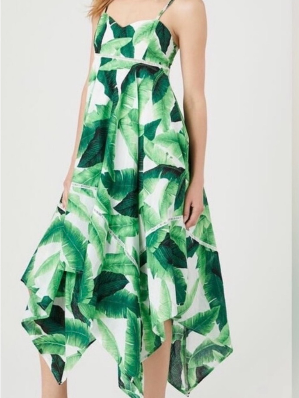 Forever 21 Green and White Tropical Leaf Handkerchief-Hem Dress
